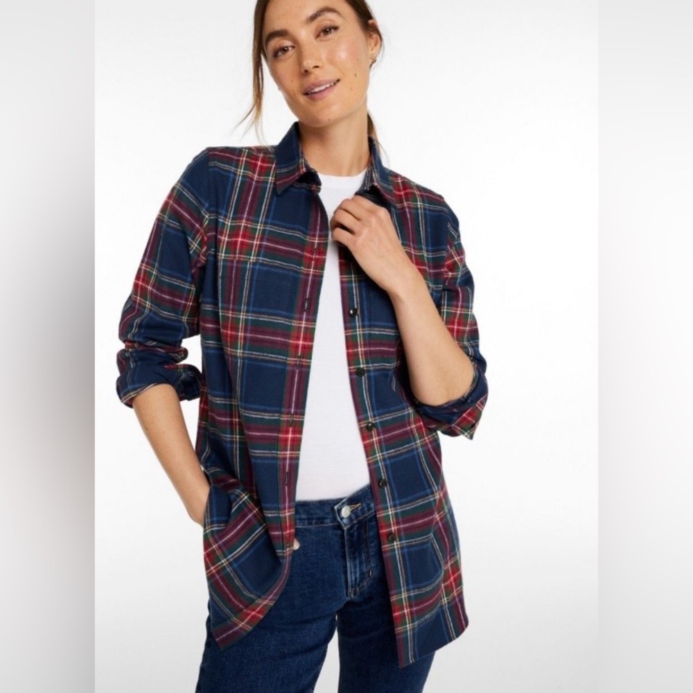 L.L. Bean Women's Scotch Blue Red Plaid Flannel Button Shirt Tunic Fleece Lined